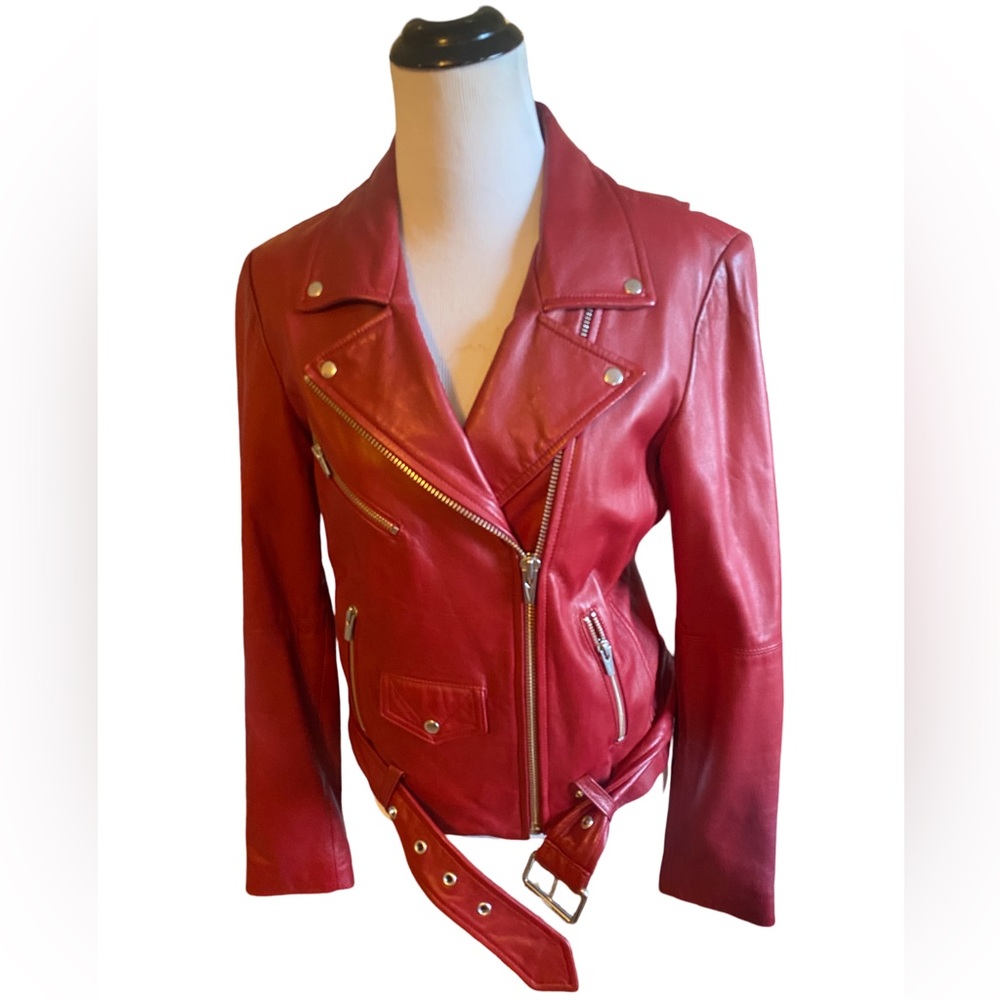 Veda Red Leather Bikers Jacket - Size Small